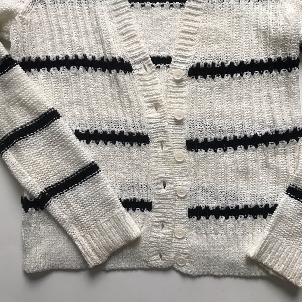 LOFT Stripe Black White Button Up Cardigan Sweater - Picture 4 of 8